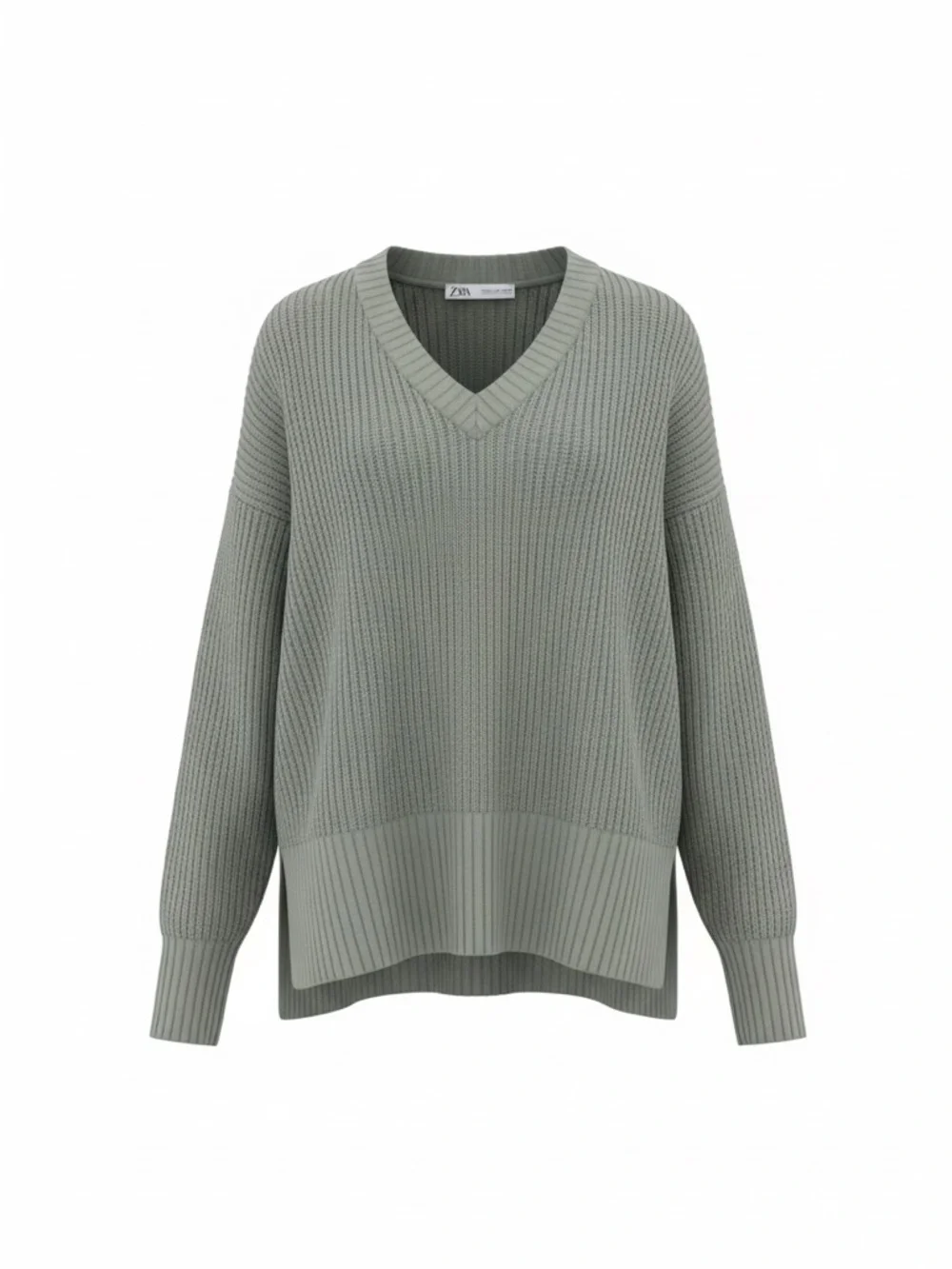 Zara Grey V-Neck Ribbed Knit Sweater - Picture 1 of 1